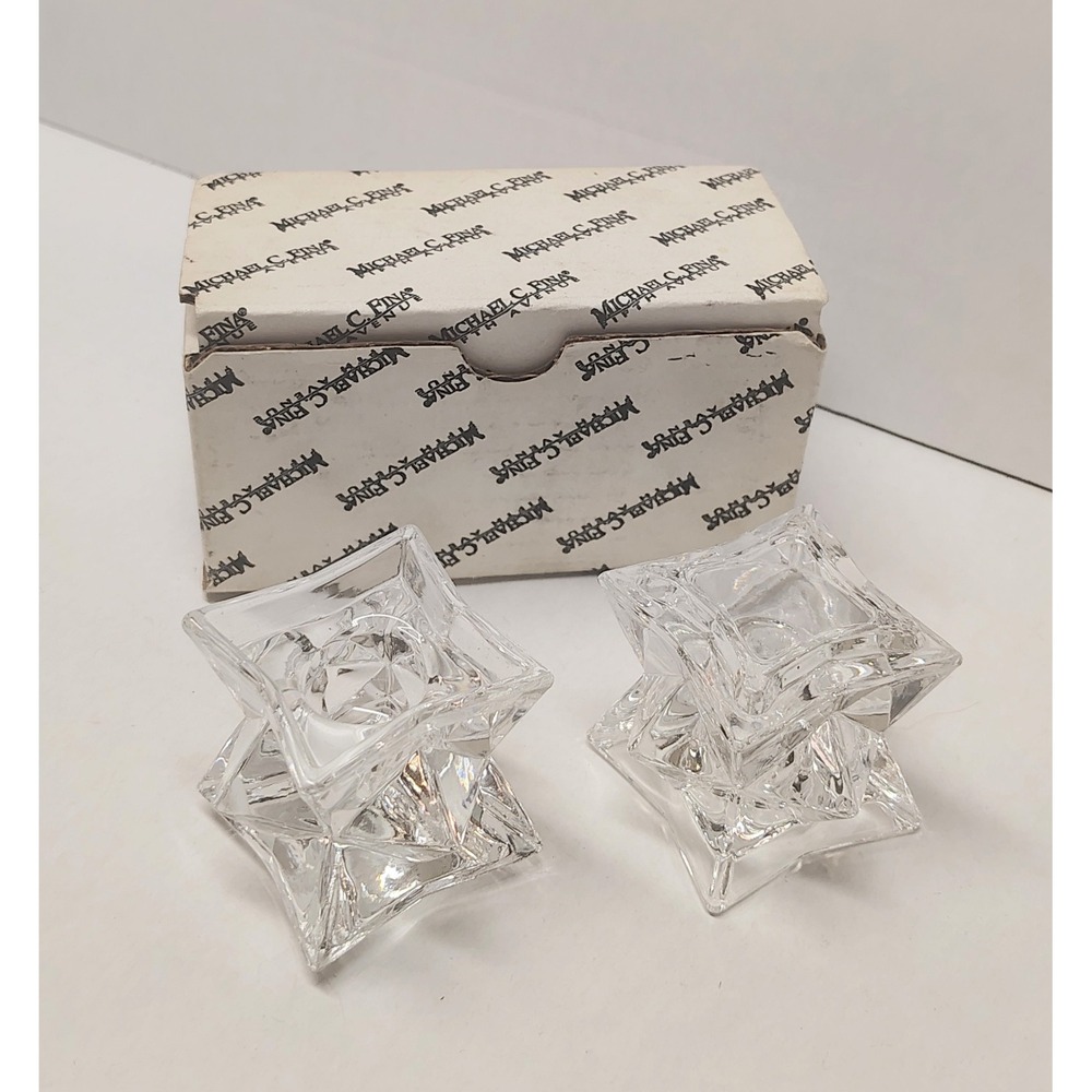 Michael C Fina Star Shaped Glass Candle Holders Set of 2 Lead Crystal Vintage